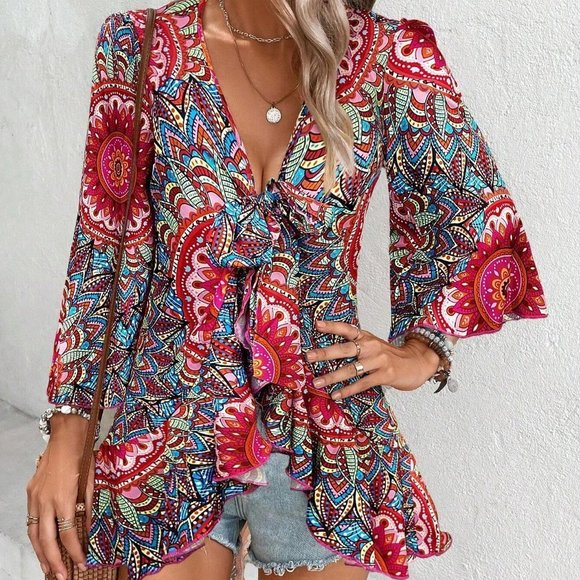 Red Boho Womens Mandala Print Flare Sleeve Ruffle Hem Blouse - Picture 2 of 4